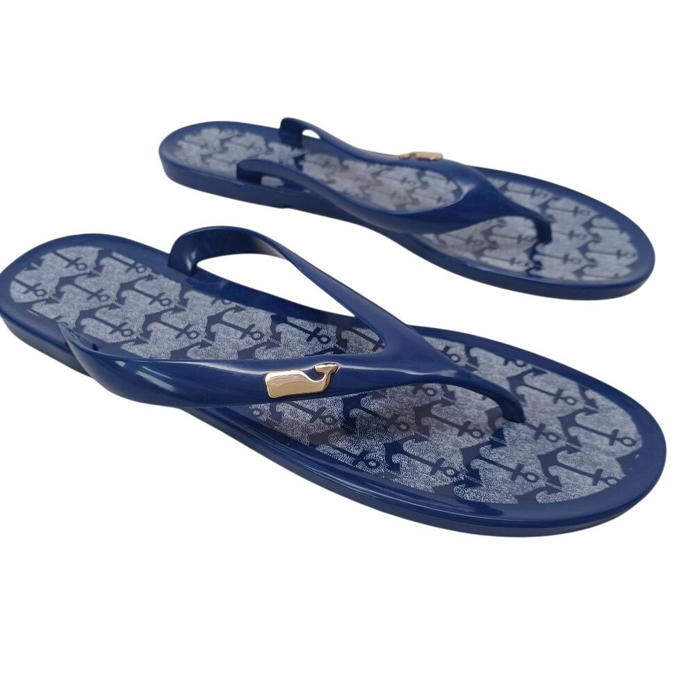 Vineyard Vines Sandals Womens 9 Blue Rubber Flip Flop Thongs‎ Anchor Print Jelly
